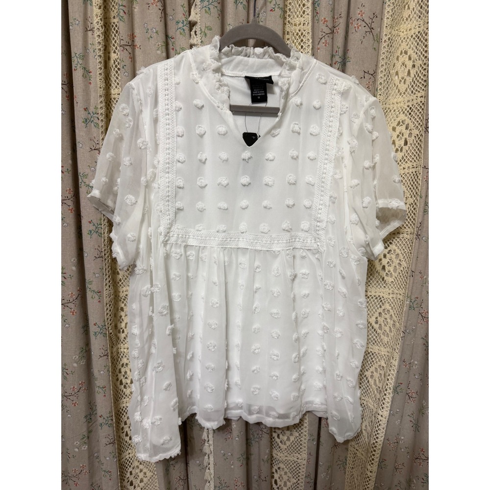 LIV Los Angeles Swiss Dot Blouse White Lace Boho Womens 1X NWT